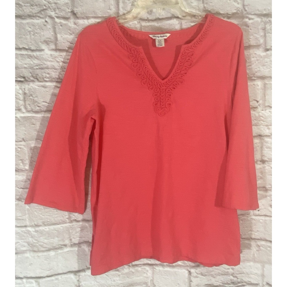 TOMMY BAHAMA Womens Small Soft Pink V Neck Tunic Top‎ 3/4 Sleeve Shirt